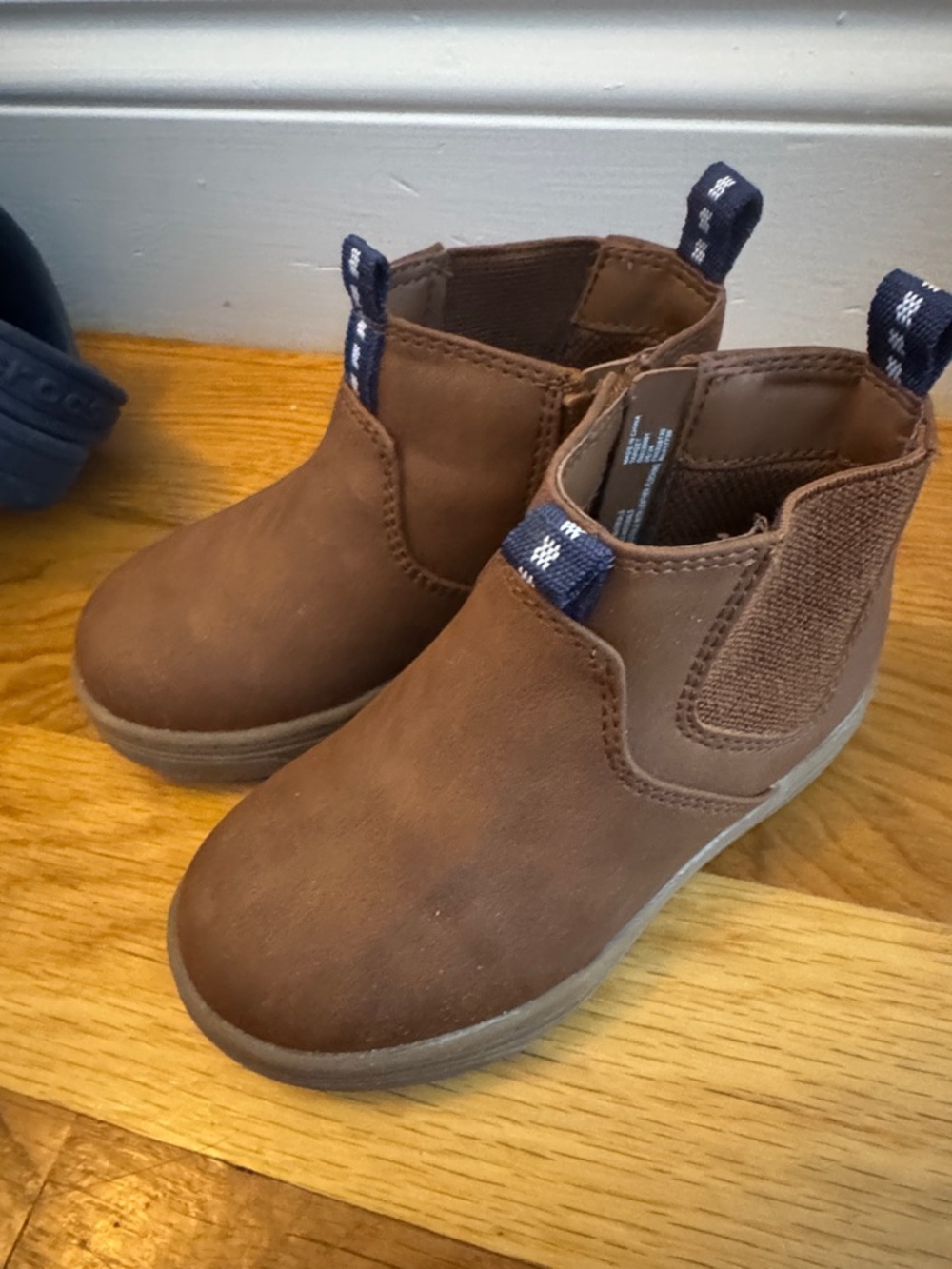 Cat & Jack Brown Chelsea Booties with Navy Pull Tabs